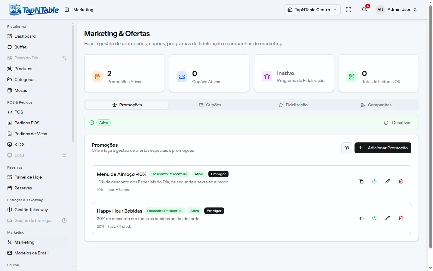 Gestão de promoções e fidelização do TapNTable.