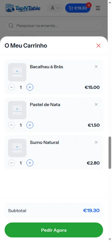 Ecrã de pedido por QR do TapNTable numa mesa.